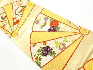 扇に花々・亀甲模様織出し袋帯